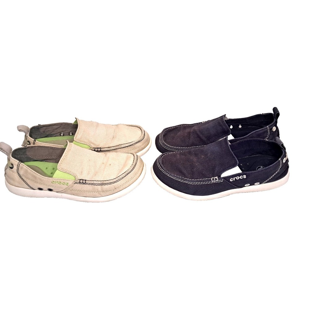 2 Pair CROCS Walu Slip-on Loafers Boat Shoes Mens 8M‎ Navy Beige Flaws